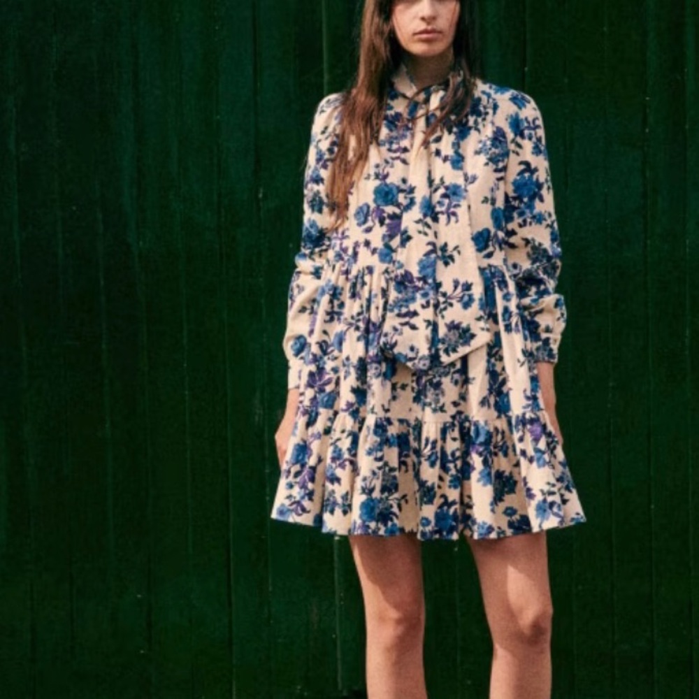 Sezane Rare Soledad Floral Mini Dress Blue Cream FR 36 - Picture 16 of 16